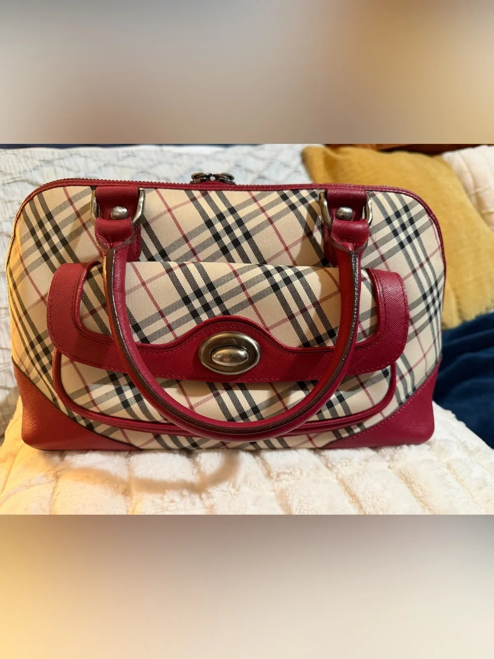 Burberry Nova Check Red Leather Turn-Lock Satchel Bag Vintage